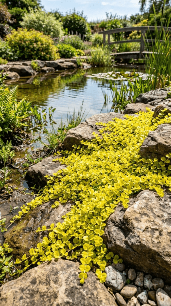Golden Creeping Jenny — Sunlit Gold Spilling Over Rocks