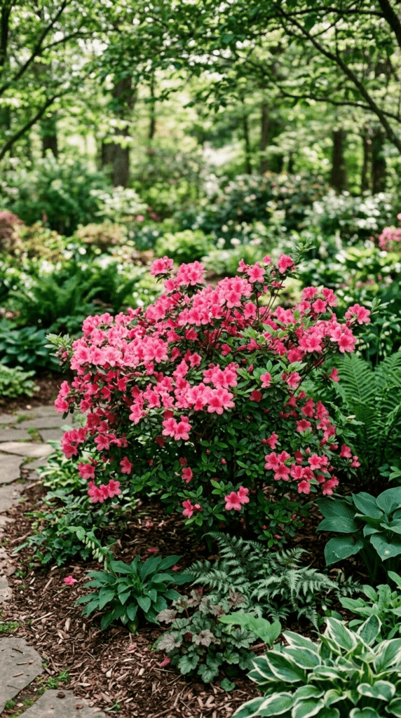 Azaleas — "Pink Blooms Against Dark Leaves"