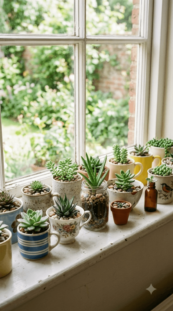 Succulents — "A Tiny Collection in Mismatched Mugs"