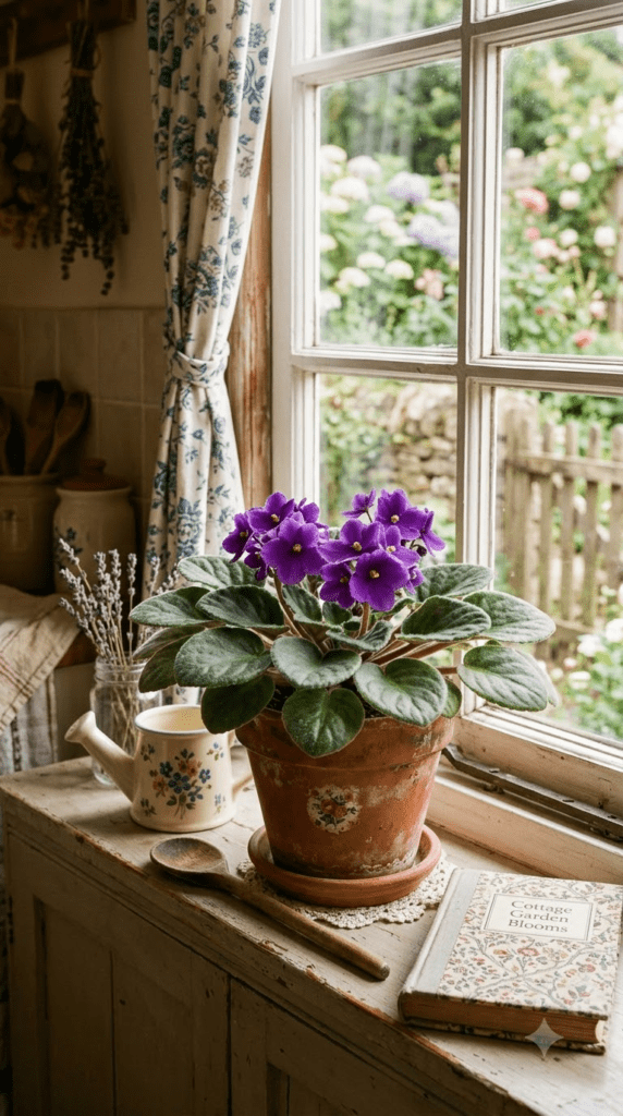 African Violet — "Fuzzy Leaves and Purple Blooms"