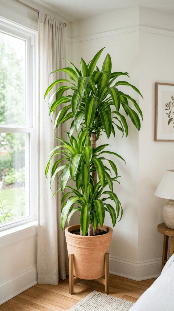 18 Statement-Making Tall Indoor Plants That Transform Empty Corners 11 Corn Plant — "Striped Leaves in a Tidy Corner"