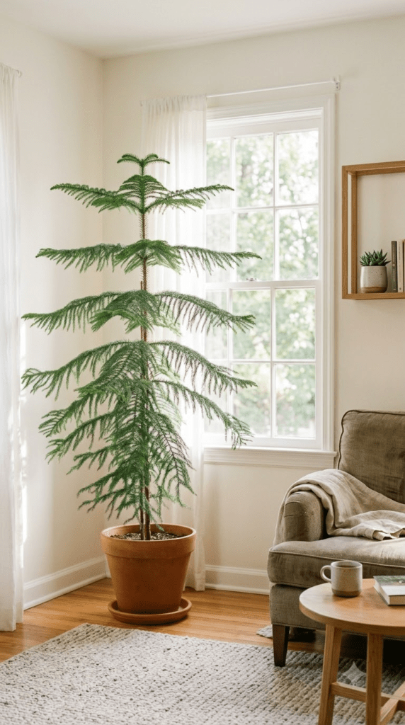 18 Statement-Making Tall Indoor Plants That Transform Empty Corners 20 Norfolk Island Pine (Bonus) — "Soft Layers of an Indoor Evergreen"