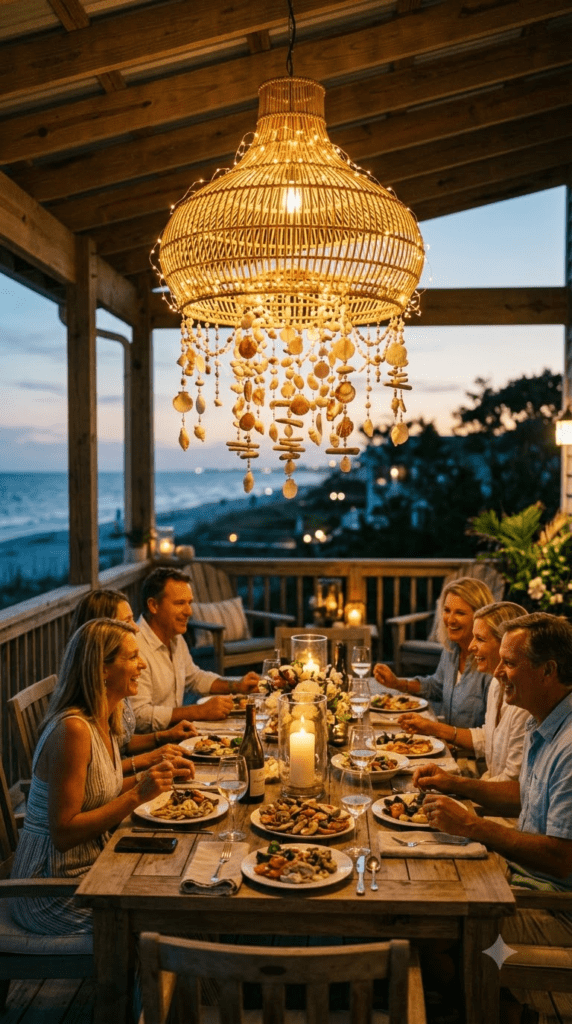 Rattan chandelier with hanging seashells and string lights for beach birthday decor