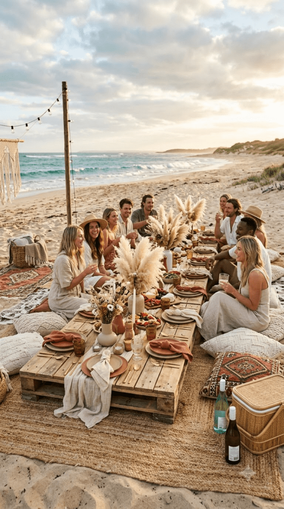 Boho beach picnic with wooden pallet tables and floor cushions