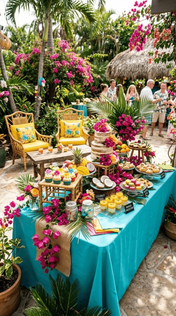 Turquoise and fuchsia tropical birthday party table setup