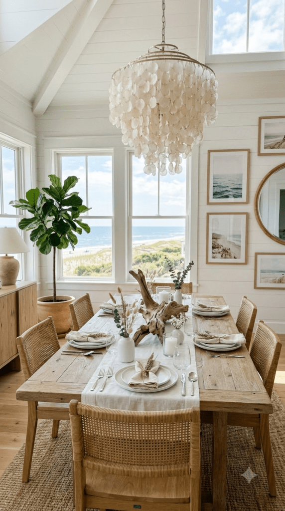 White coastal tablescape with capiz shell chandelier and driftwood centerpiece