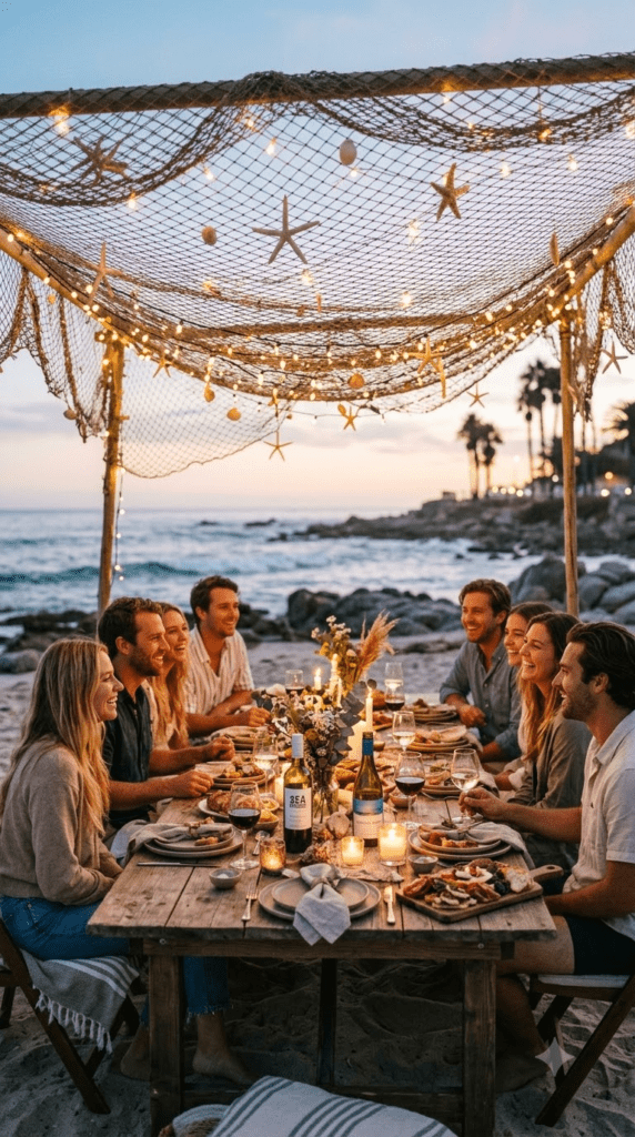 Outdoor dining table under a fishing net canopy with hanging starfish