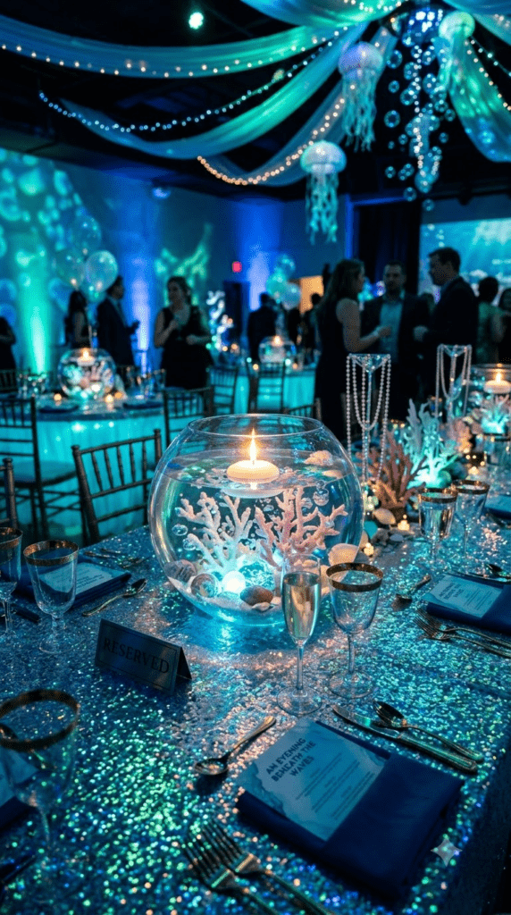 Underwater themed party with blue lighting and sequin tablecloth