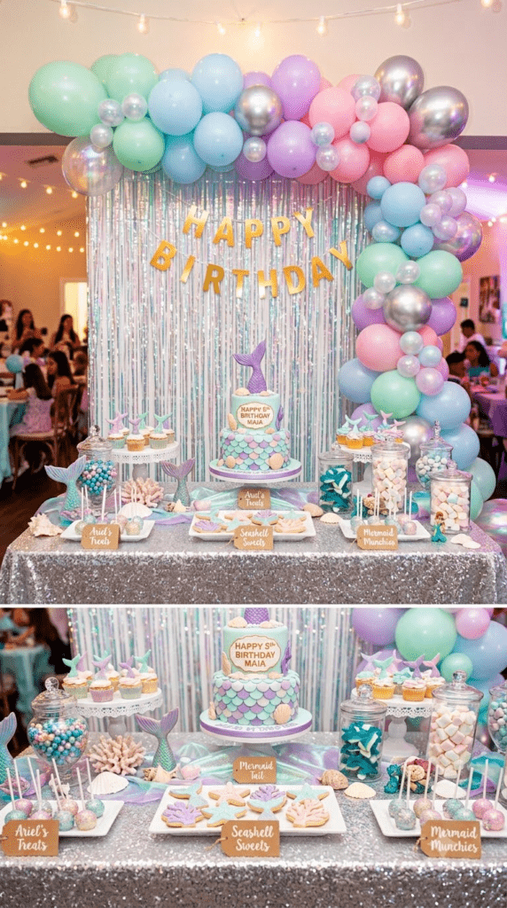 Mermaid themed dessert table with iridescent backdrop and pastel balloons