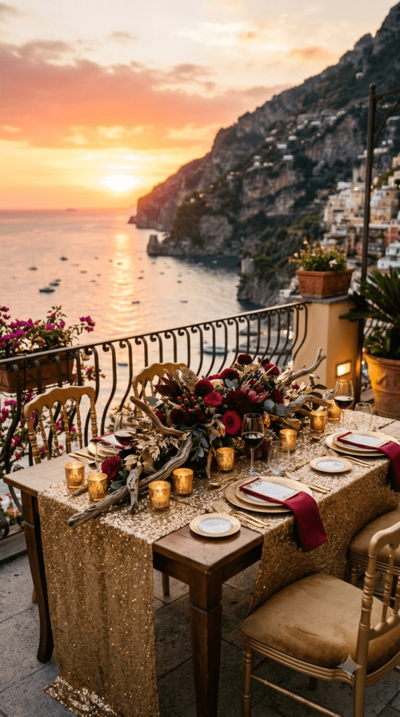 Gold sequin tablecloth with driftwood and candles for sunset party