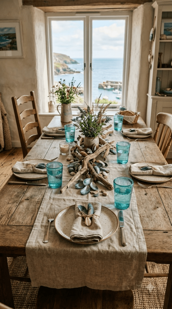 Coastal farmhouse dining table with driftwood and shell centerpiece