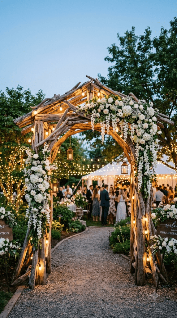 Driftwood archway entrance decorated with string lights and floral garland