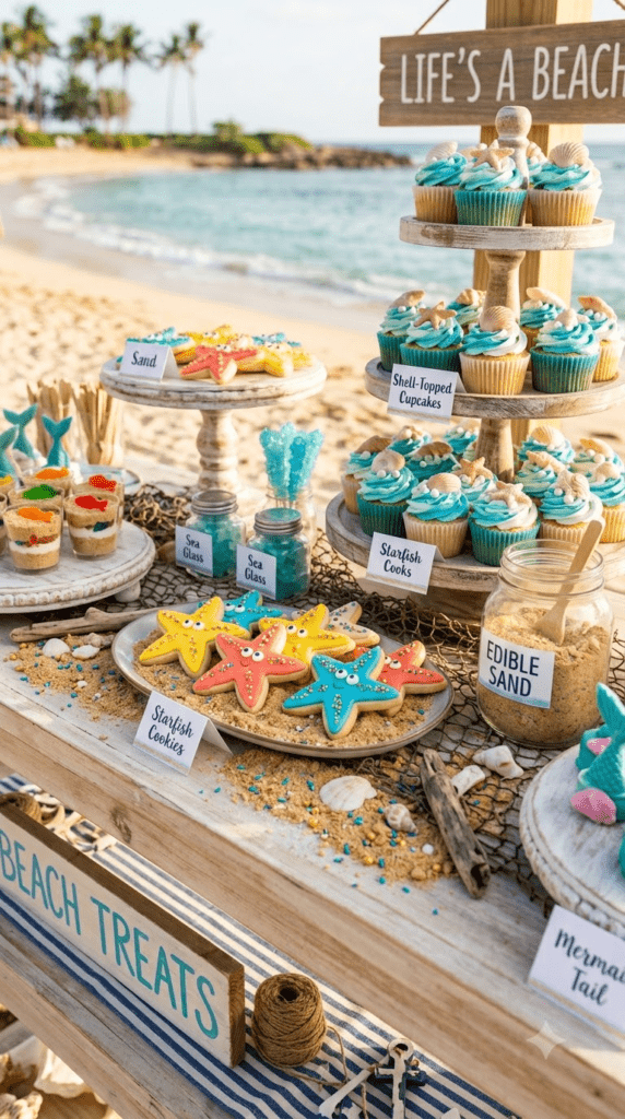 Beach themed dessert table with edible sand and starfish cookies