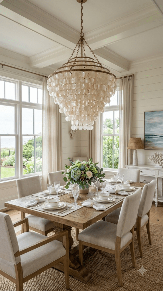 Tiered capiz shell chandelier in a coastal dining room