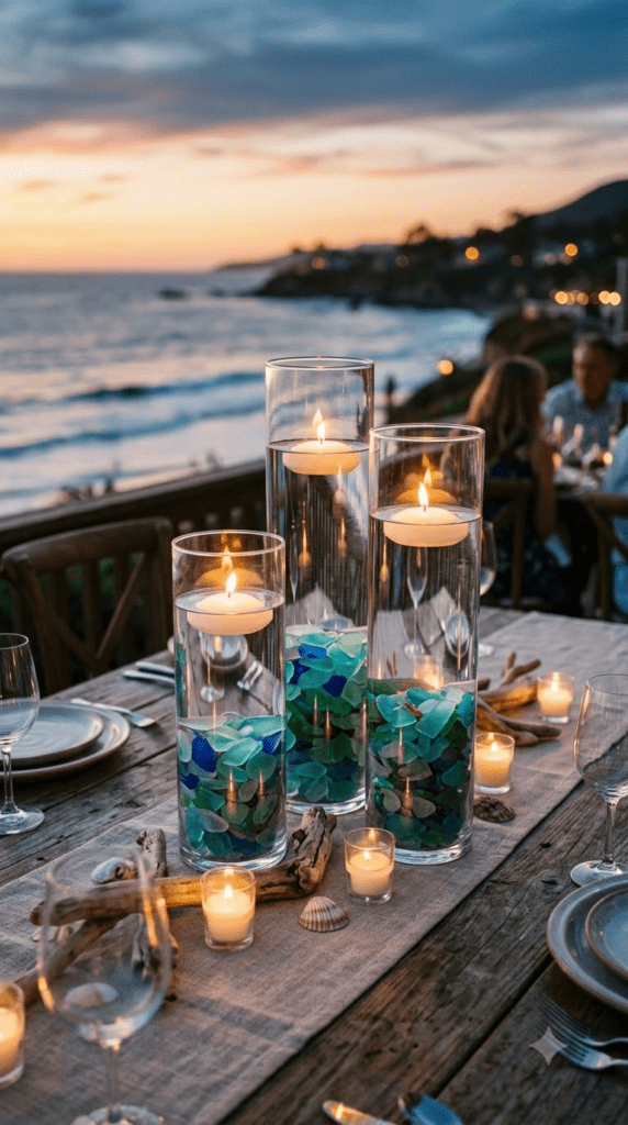 Sea glass centerpiece with floating candles in glass vases