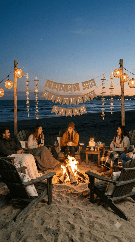 Beach bonfire birthday party with Adirondack chairs and shell garlands