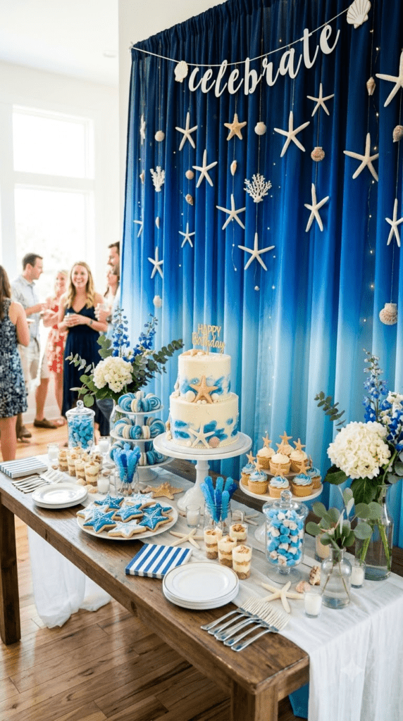 Blue ombre fabric backdrop with starfish for beach party