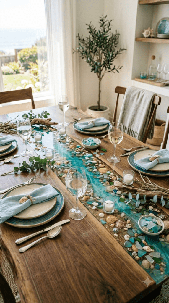 DIY resin river table centerpiece with shells and sand