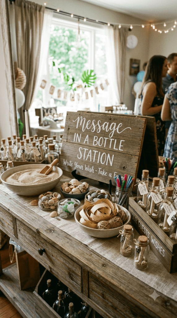 Message in a bottle party favor station with glass bottles and sand