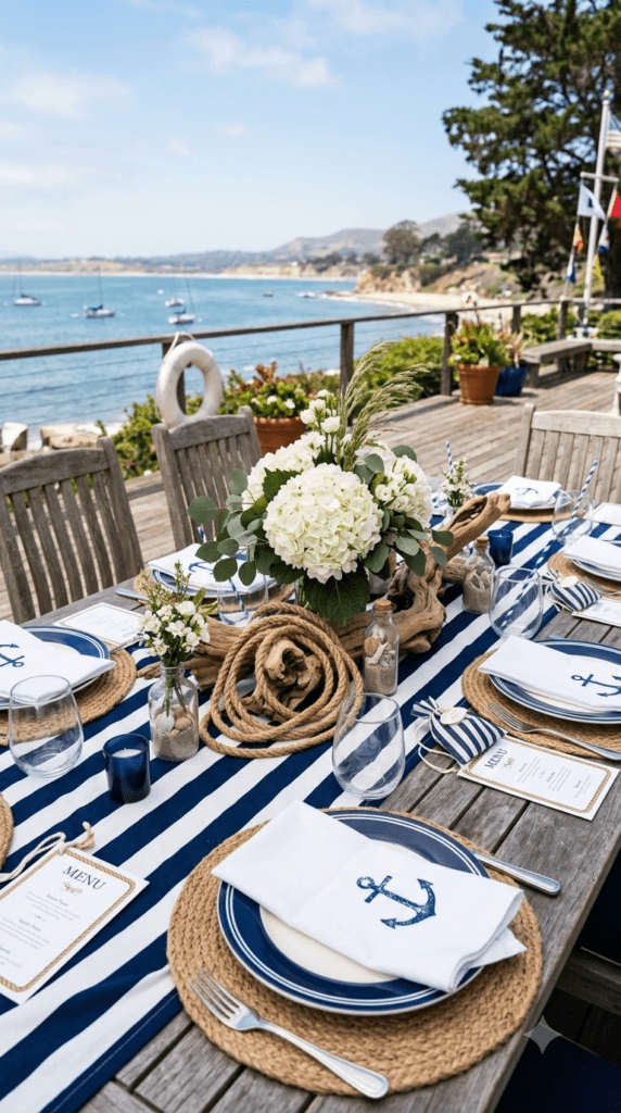 Nautical party table with navy striped runner and rope centerpiece