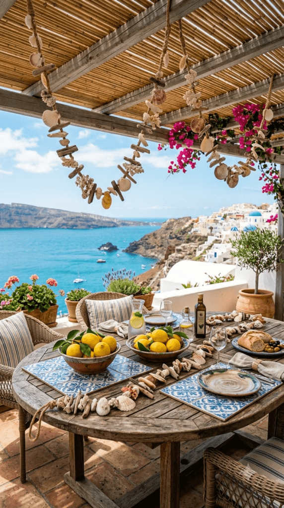 Mediterranean patio table with shell garlands and fresh lemons