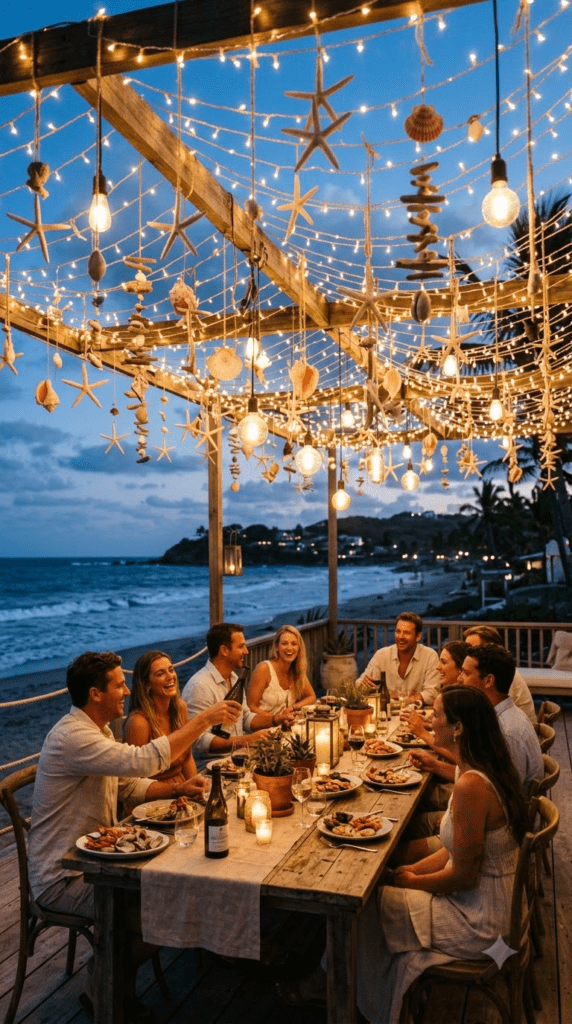 String light canopy with hanging starfish over party table