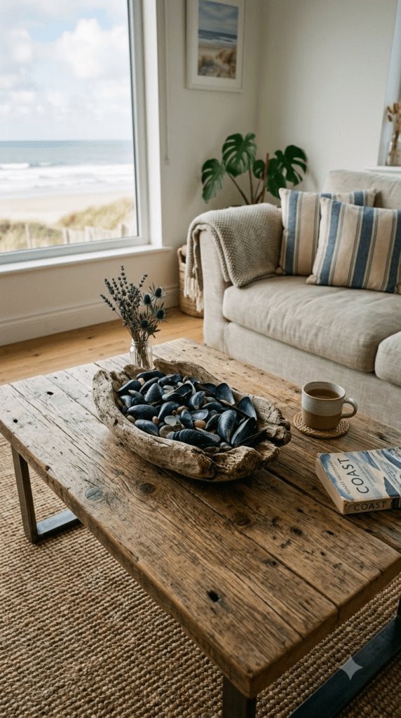 Driftwood bowl filled with mussel shells on rustic coffee table