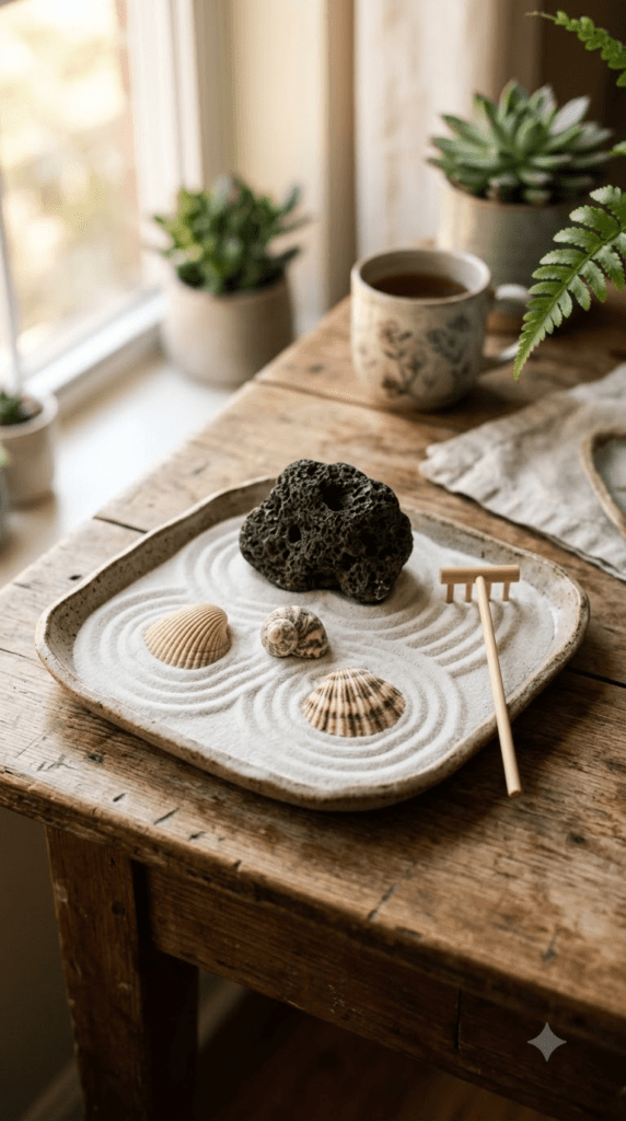 Miniature zen sand garden centerpiece with seashells and lava rock