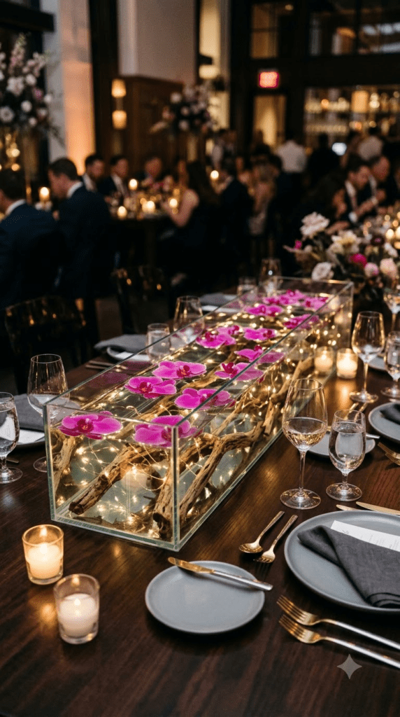 Glass trough centerpiece with submerged driftwood and floating orchids
