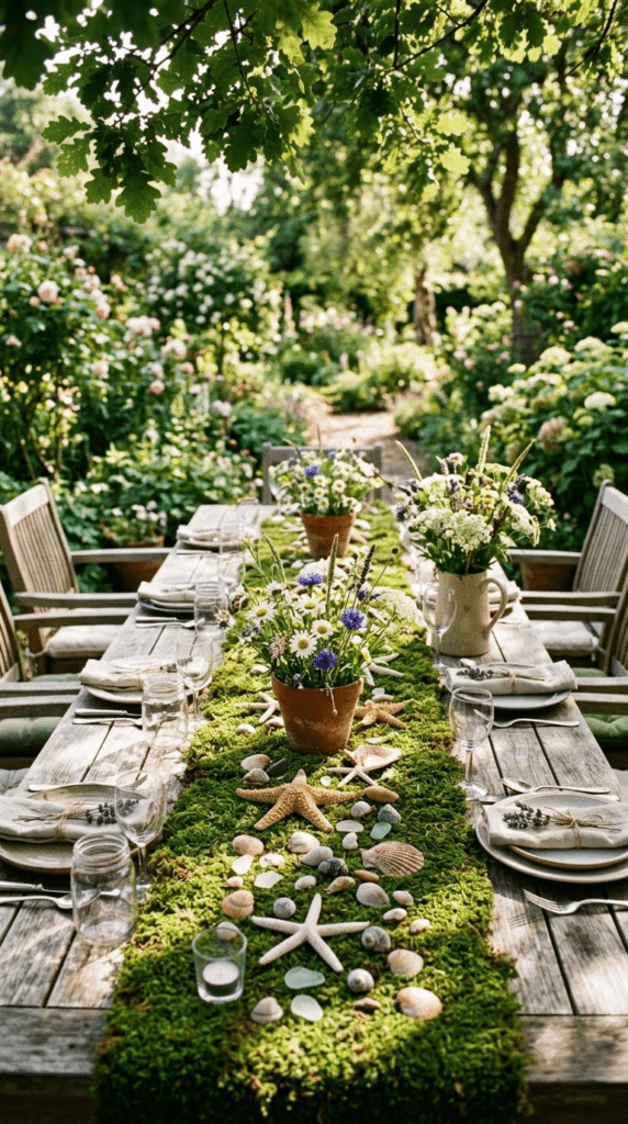 Garden party table with moss runner and starfish decor