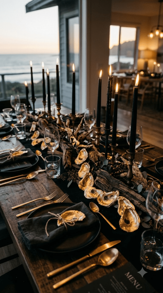 Black tablescape with gold leafed oyster shells and driftwood