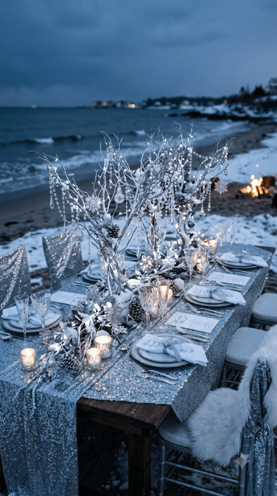 Winter beach party table with silver branches and crystal garland