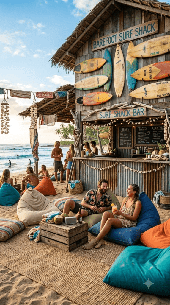 Surf shack outdoor lounge with surfboards and beanbag chairs