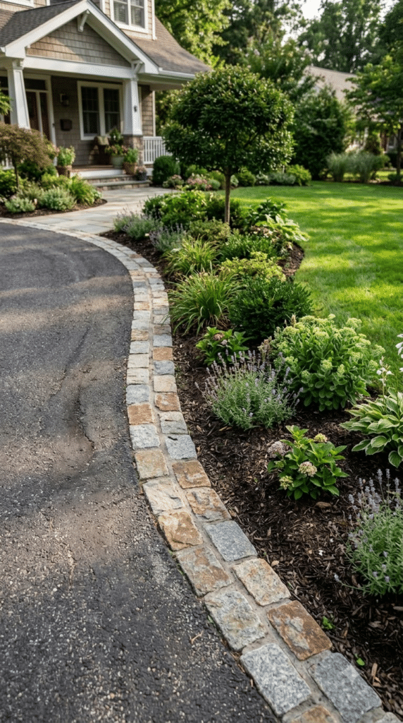 Cobblestone Edging Framing the Driveway